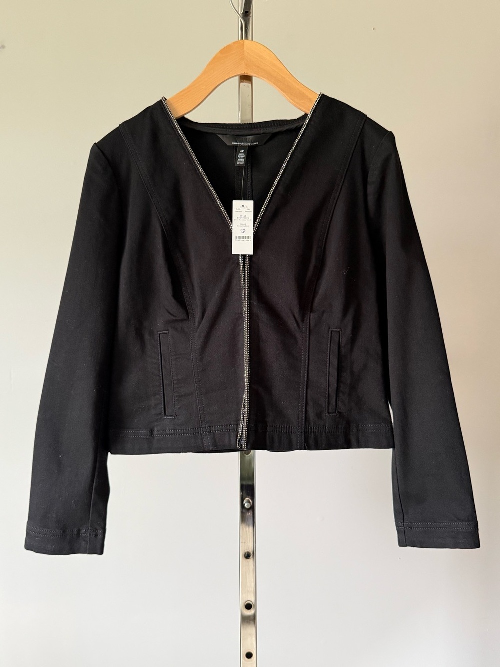 WHBM Denim Rhinestone Embellished Trim Jacket Black NWT 4P